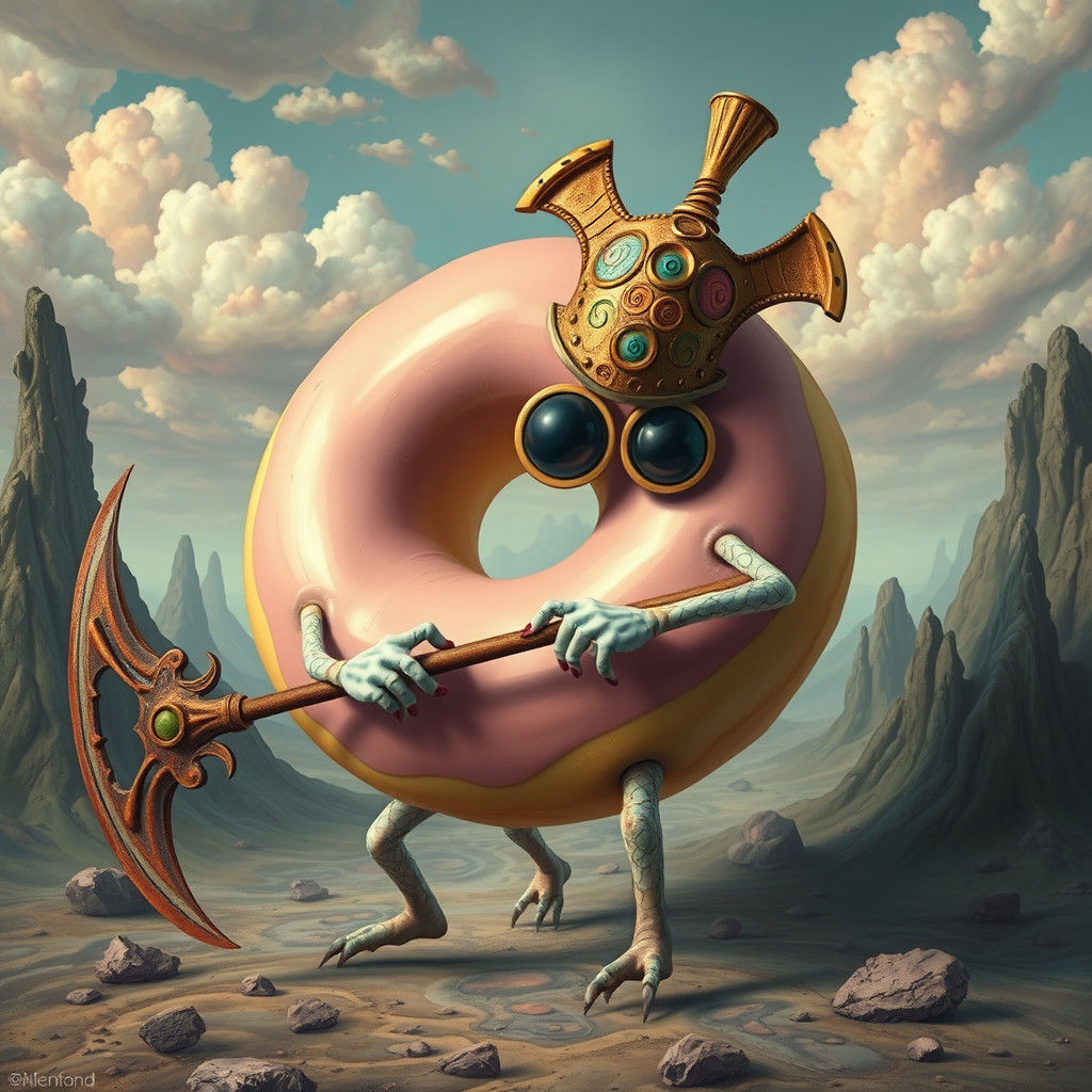 Donut Monster Wielding Halberd in Surreal Landscape