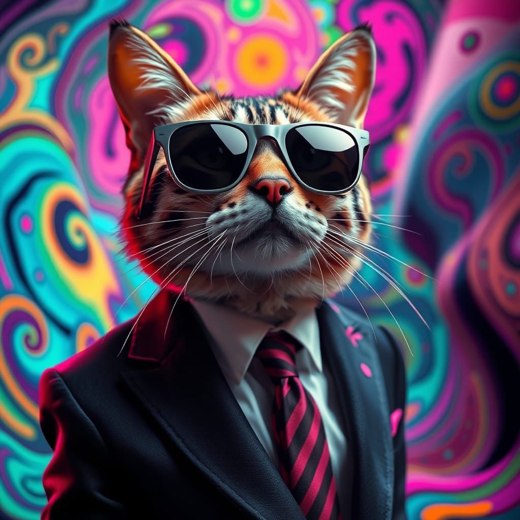 Cat in Suit with Psychedelic Surrealist Background