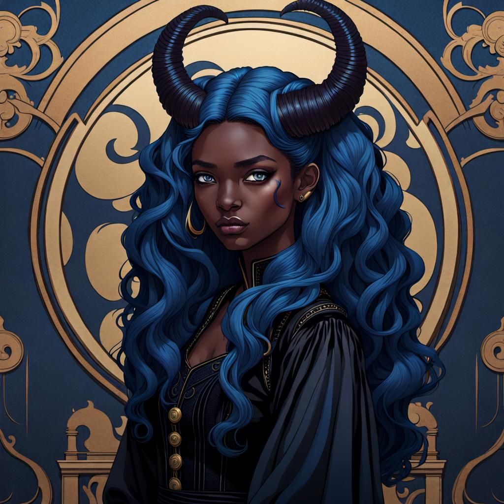 Fierce Tiefling Woman with Sapphire Hair in Art Nouveau Styl...