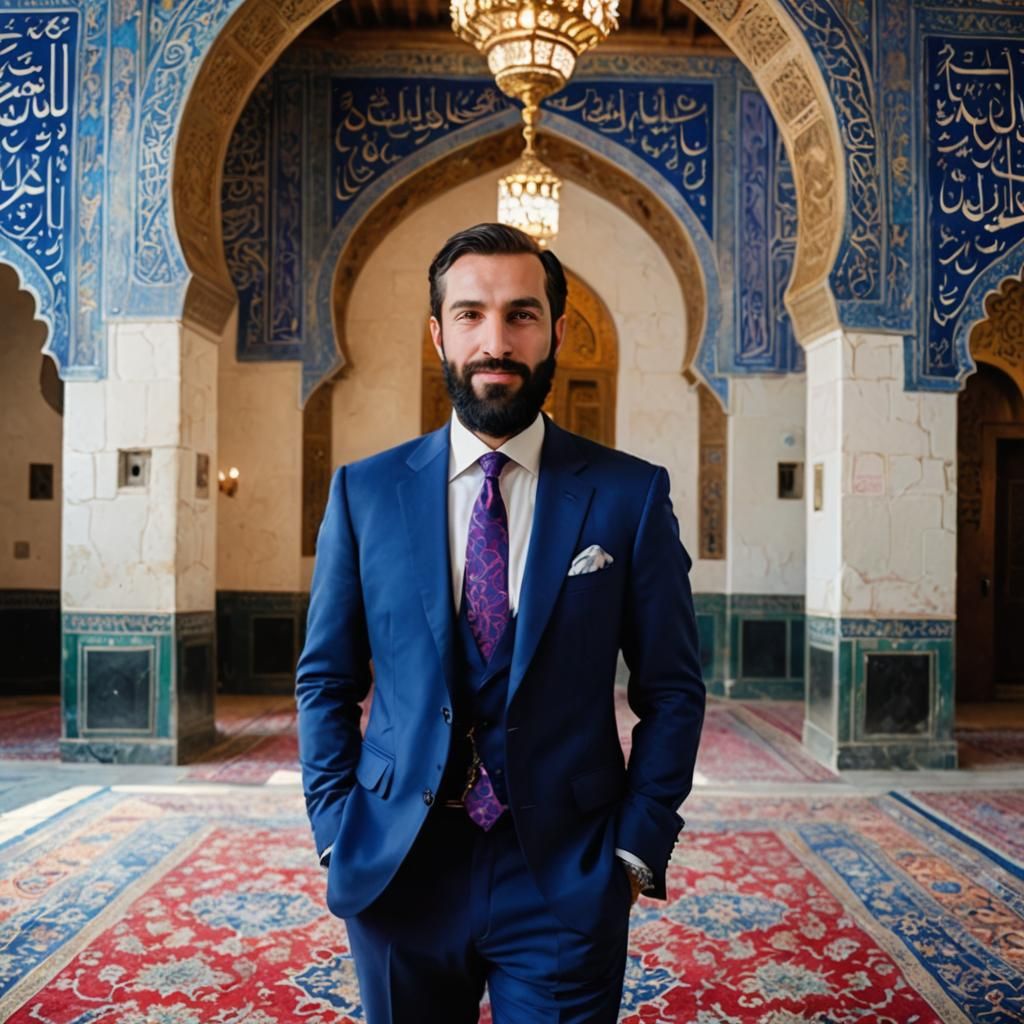 Handsome Man in Mosque with Arabic Calligraphy