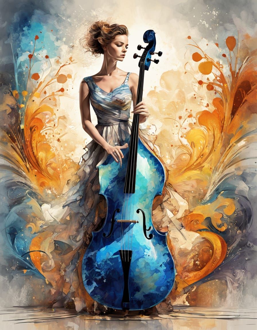 Art Nouveau style : potrait of young woman playing double ba...