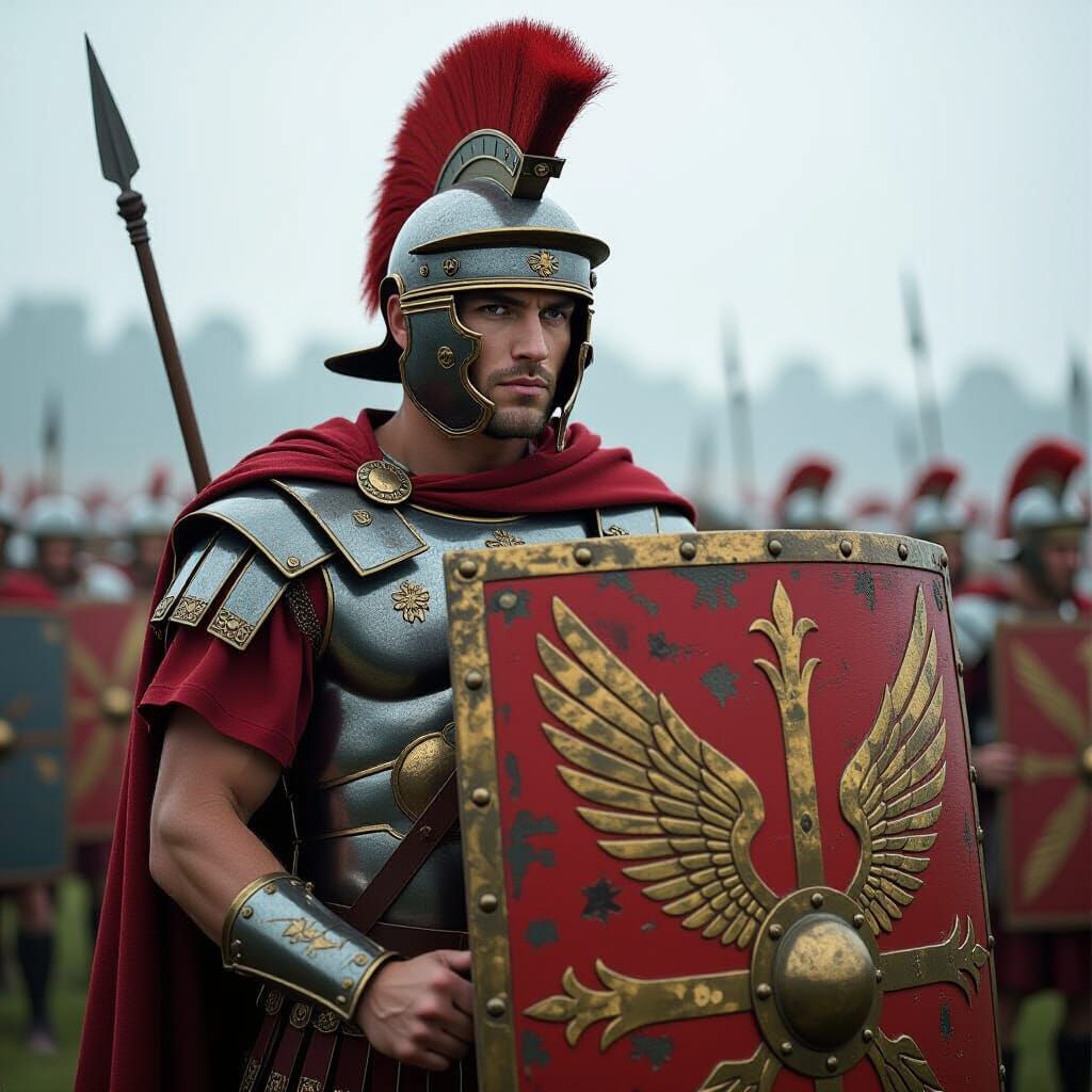 Roman Legionary Defiant on Foggy Battlefield