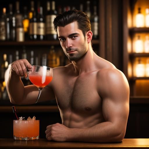 Handsome Shirtless Bartender serving cocktails in a classic tavern