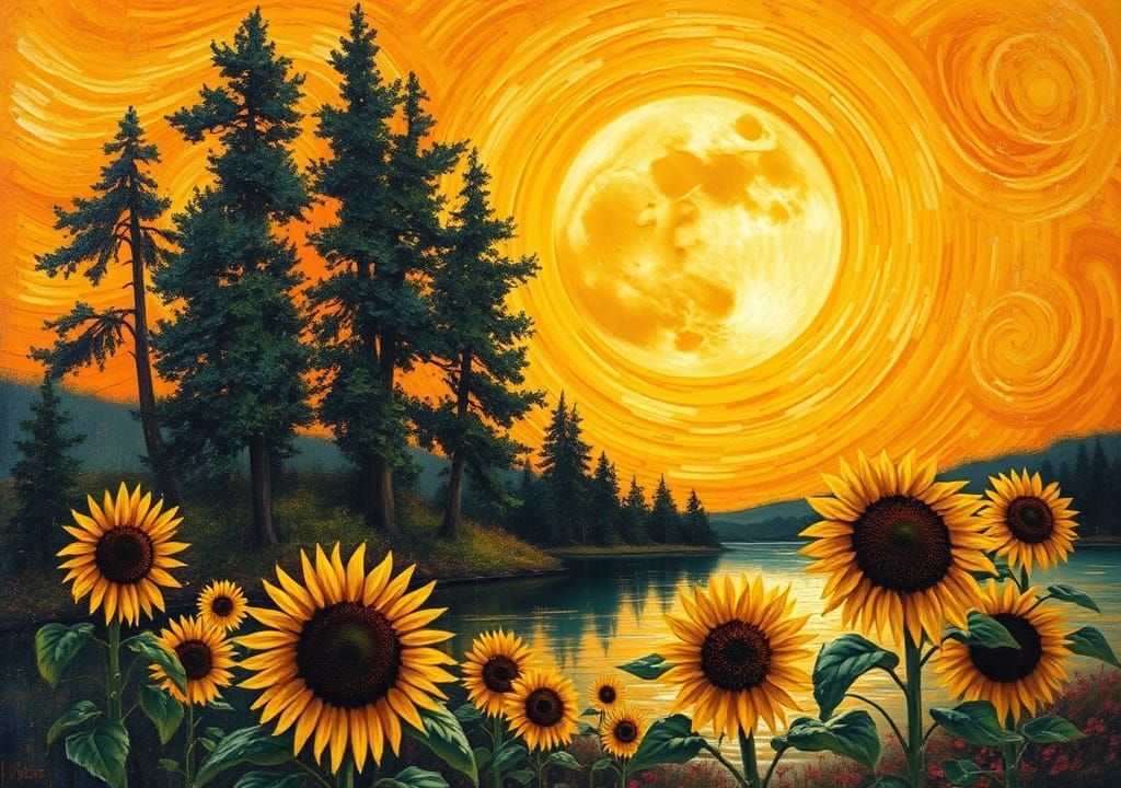 Dreamy Moon Over Lake: Van Gogh Style Oil Painting