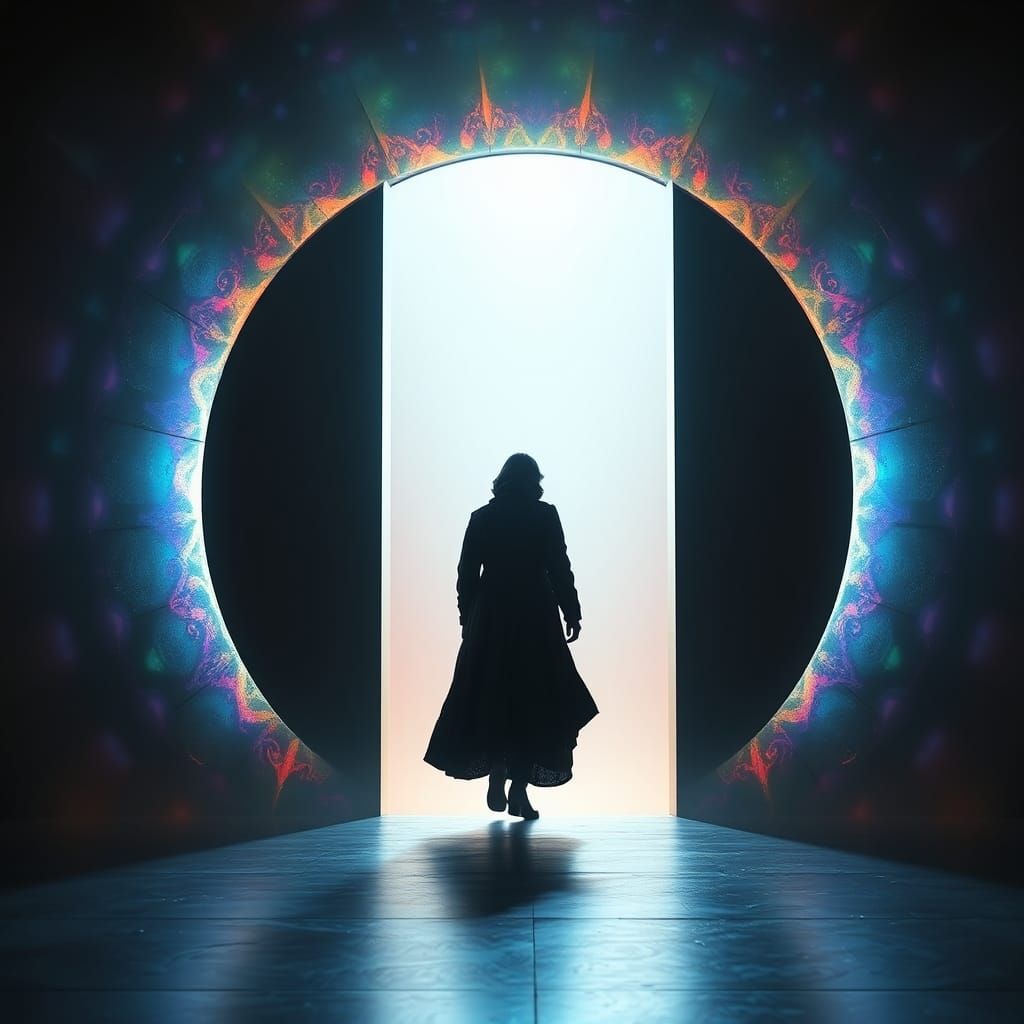 Figure Entering Shimmering Portal to Infinity
