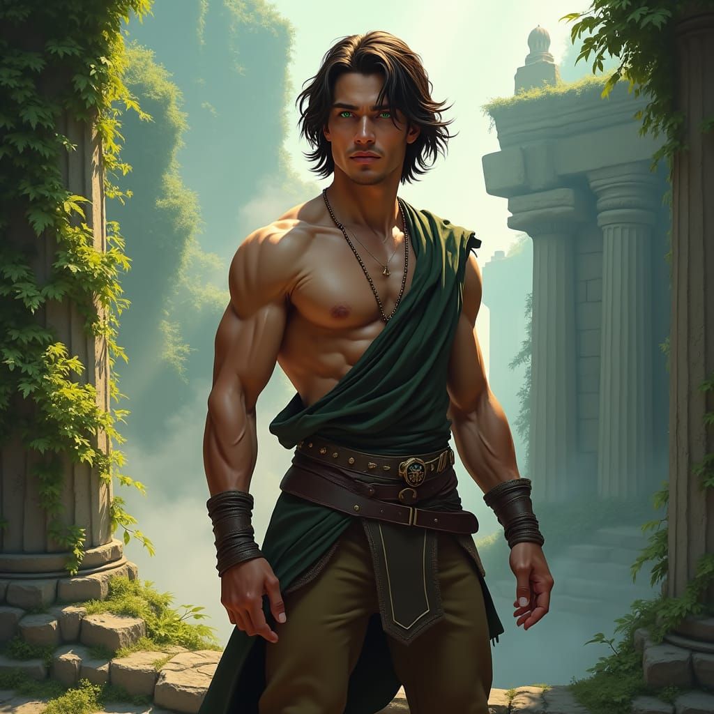 Fantasy Man in Lush Environment as Matte Painting