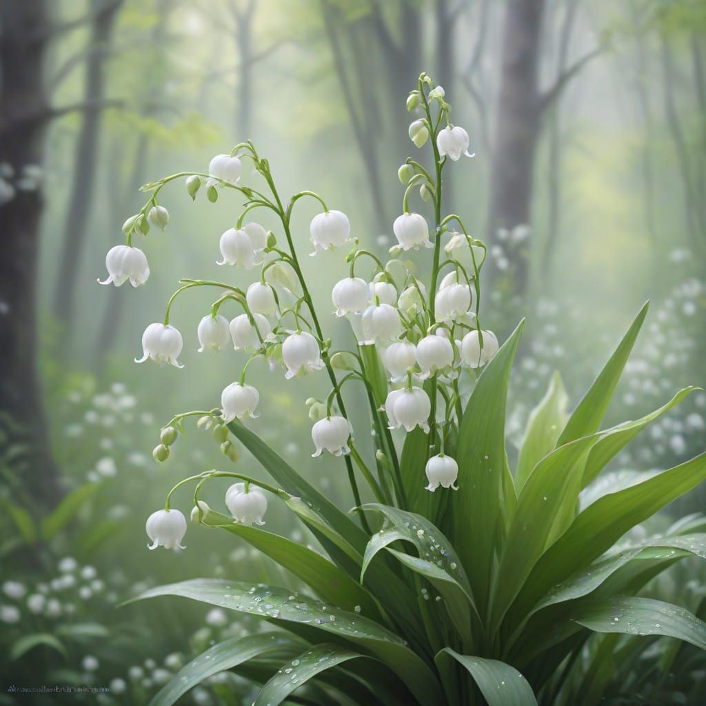 Impressionist Delicate Lily of the Valley in Misty Forest