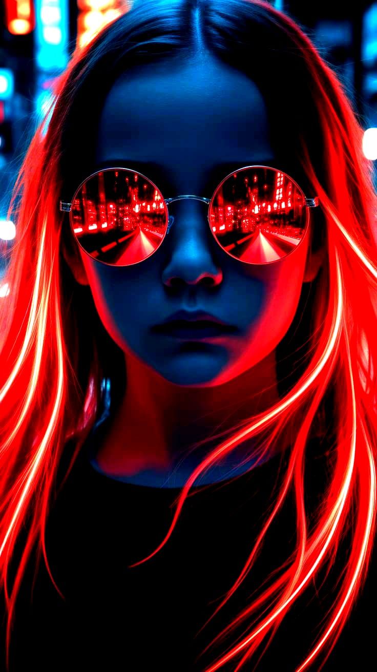 Girl with Red Neon Hair in Tokyo Street Photography Style