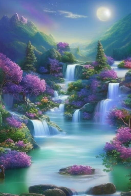 Pastel Waterfall Landscape with Lotus and Stars