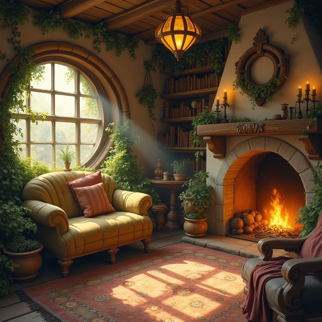 Whimsical Hobbit Living Room in Earthy Tones