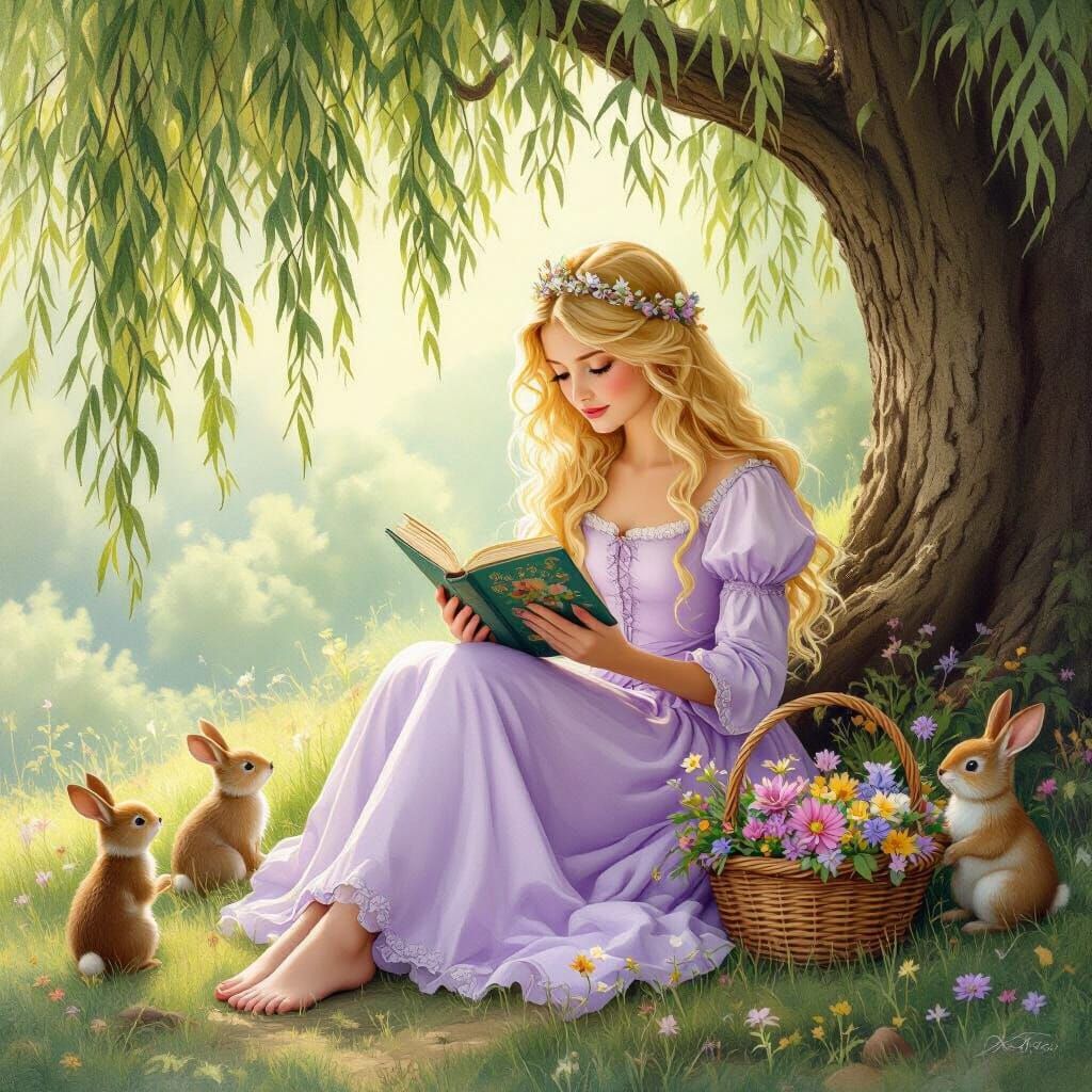 Golden-Haired Princess Reading Under Willow Tree