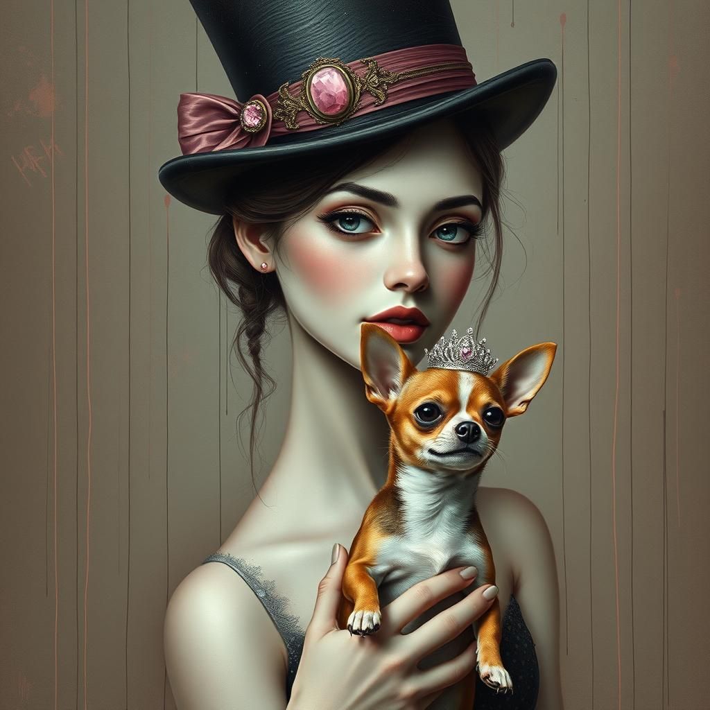 Woman with Chihuahua in Surreal Pastel Artwork