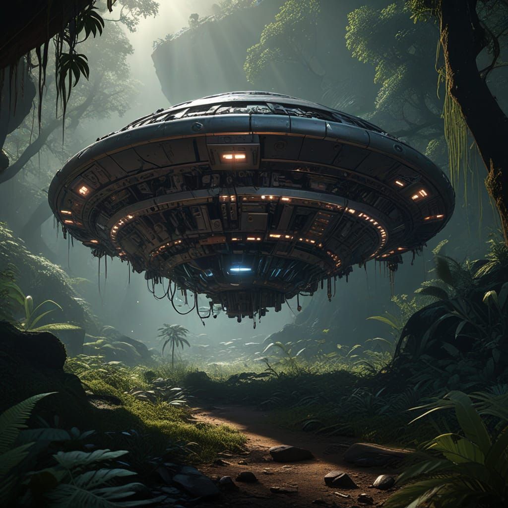 Abandoned UFO Wreckage in Jungle Under Full Moon