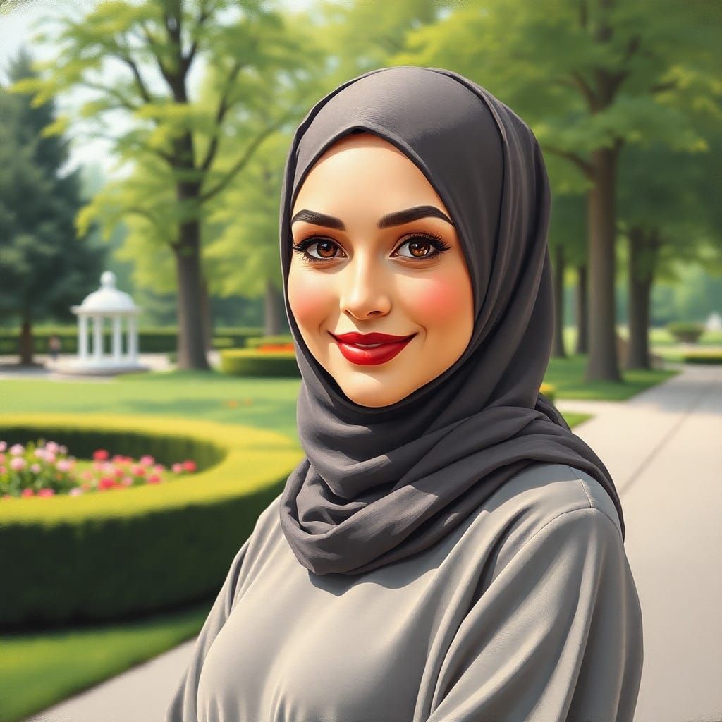 Minimalist Oil Painting of Elegant Hijabi Woman in Garden