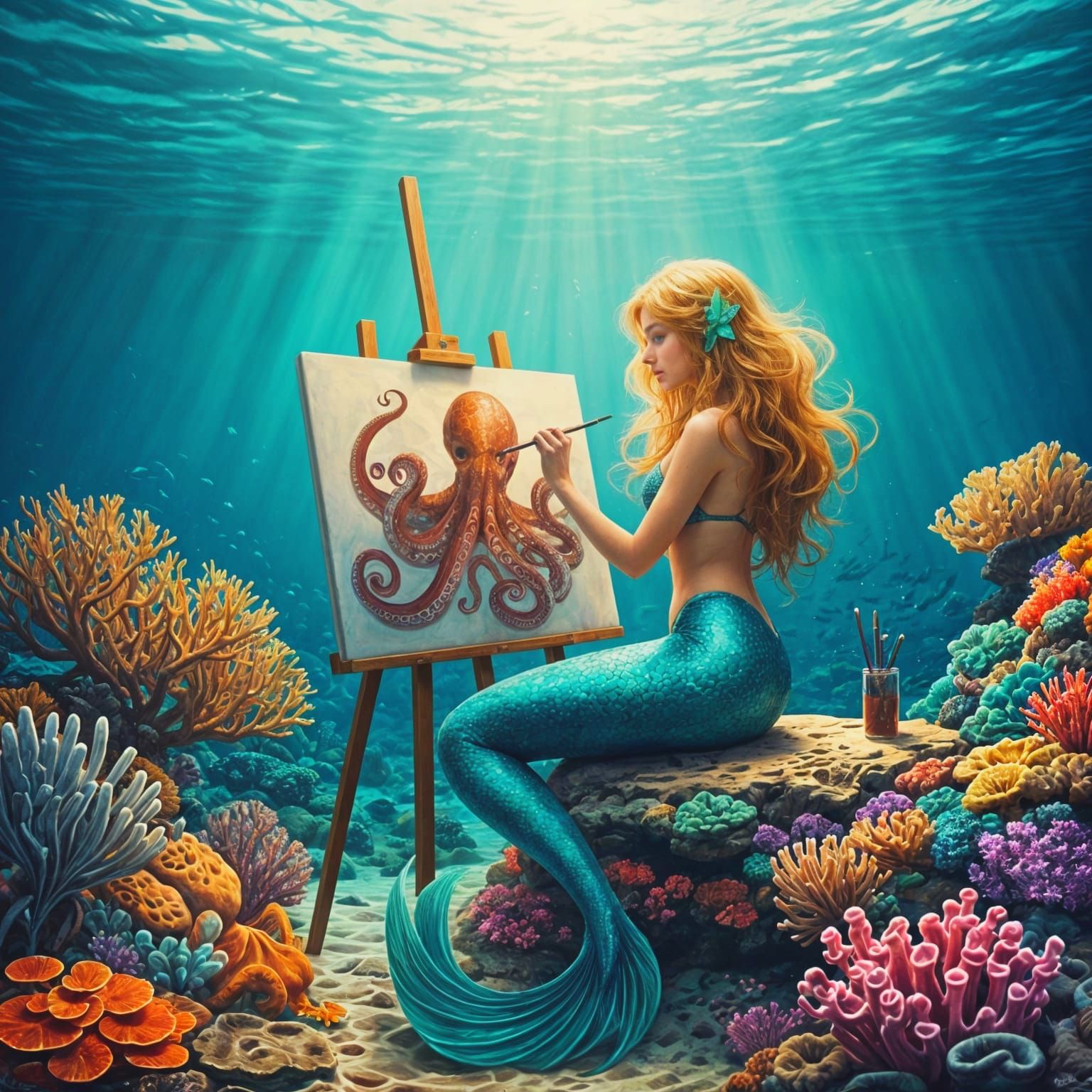 Mermaid Painter Captures Octopus Portrait in Vibrant Underwa...