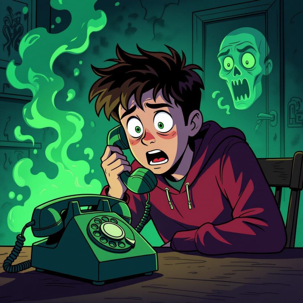 Terrified Teen and Ghostly Phone, Bruce Timm Style