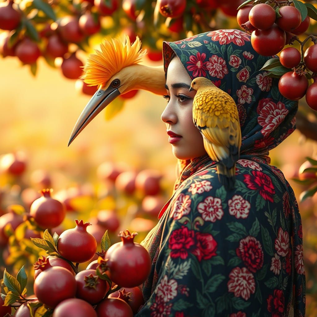Iranian Woman with Hoopoe Bird in Floral Hijab