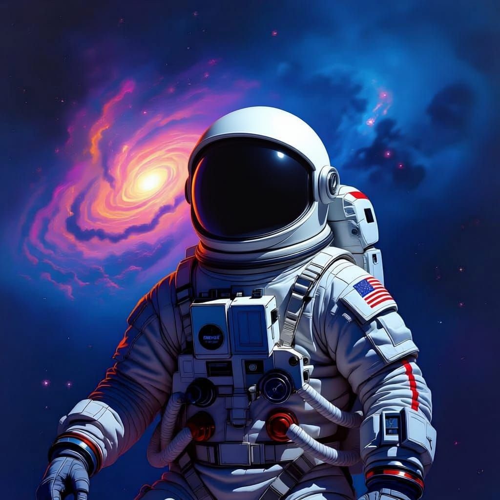 Astronaut Adrift in Nebula, Helmet Reflects Galaxy