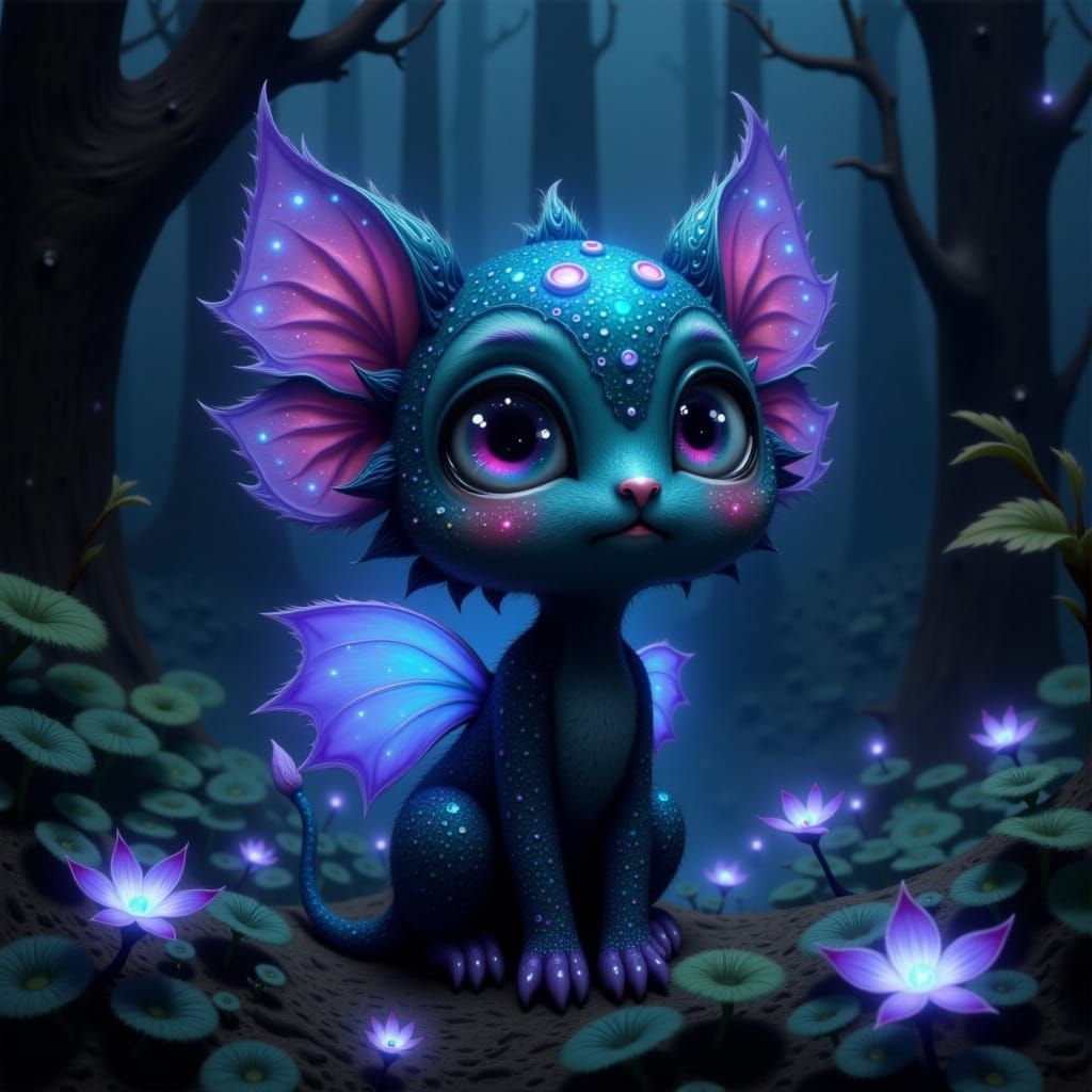Fantastical Creature in Bioluminescent Forest Digital Painti...