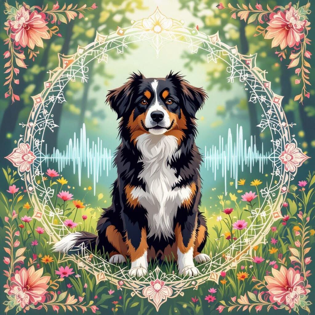Dog in Nature with Mandala Sound Waves