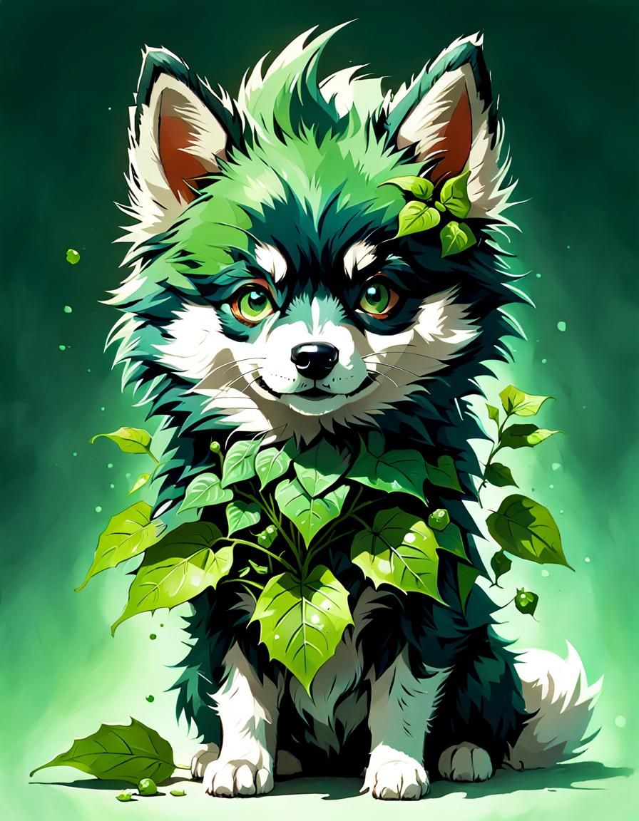 Pomsky Dog in Poison Ivy Costume, Digital Art