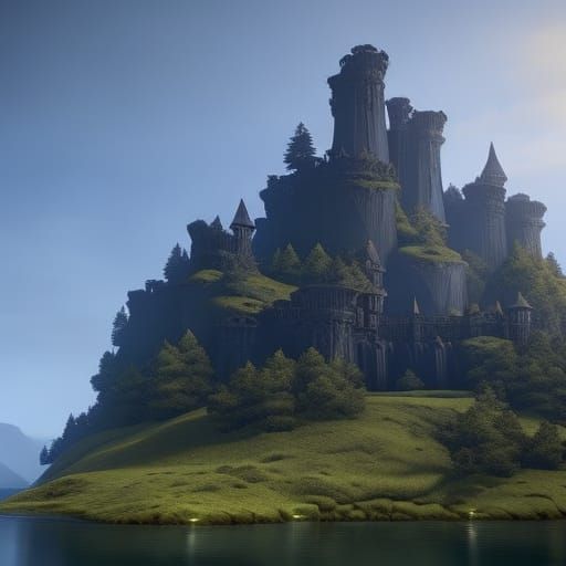 Medieval Castle on Lakeside Hill: Dark Fantasy Art