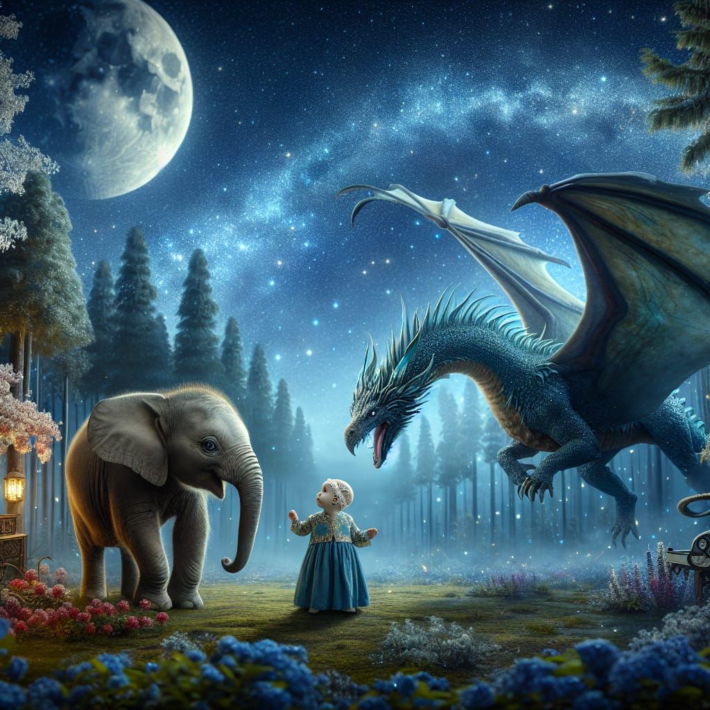 Enchanted Encounter: Baby Elephant and Dragon in Starlight