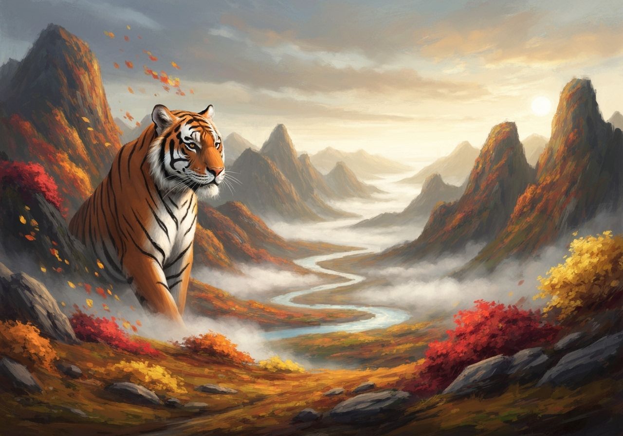 Mountain Tiger in Autumn Landscape, Impressionistic Style