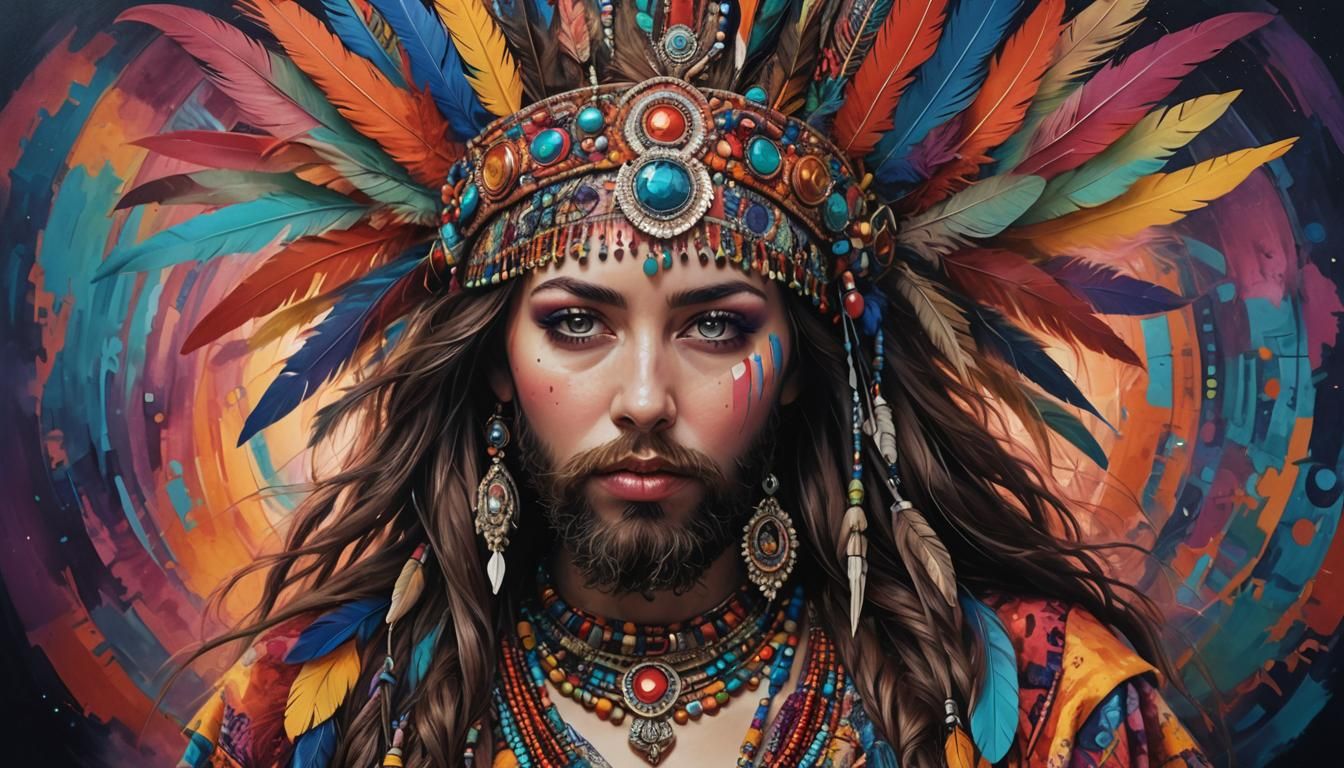 A striking, cinematic surreal portrait of a bearded woman, s...