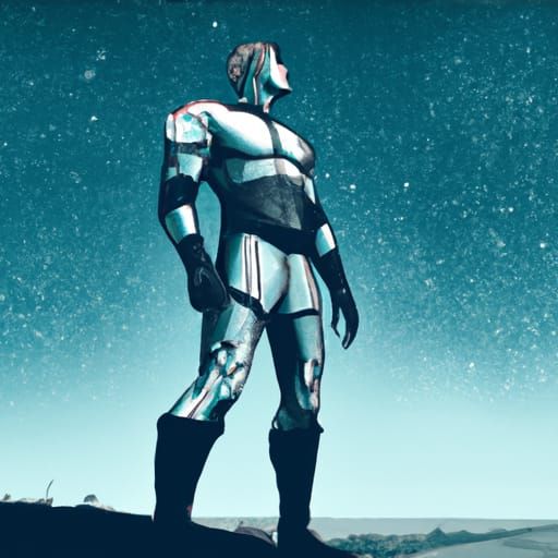Augmented Soldier Gazing at Stars in Retro Sci-Fi Style