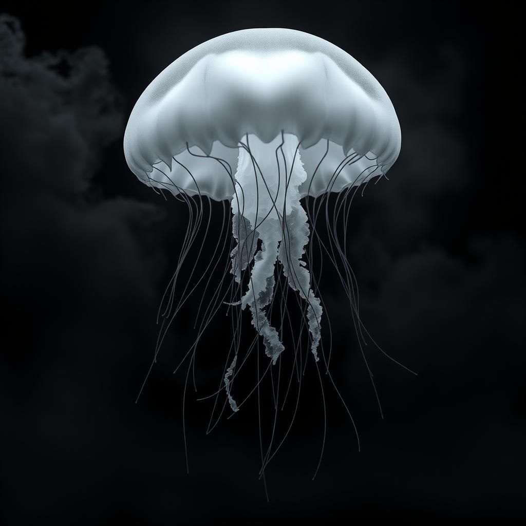 Glowing Jellyfish in Fog: Hyperrealistic Monochrome Macro