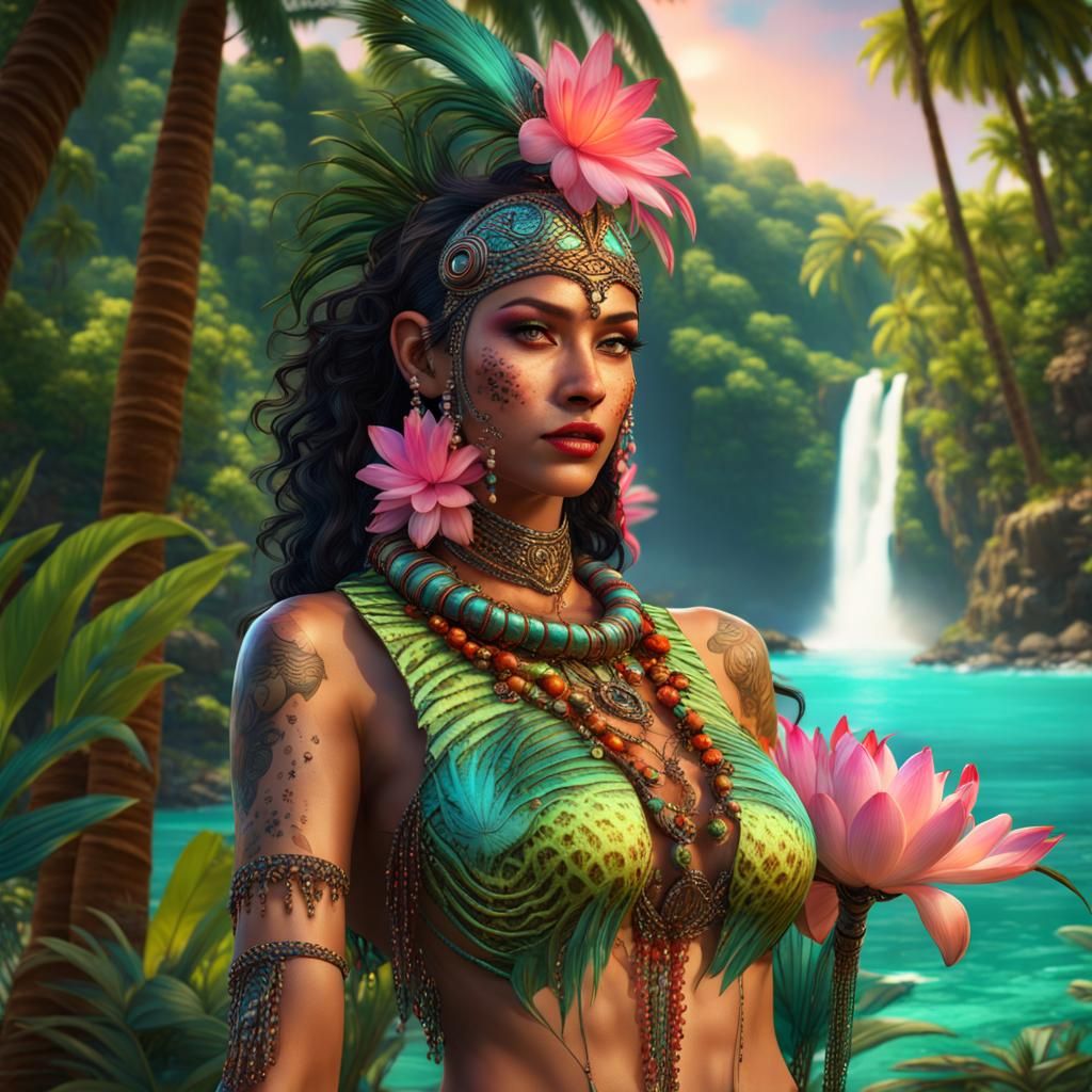 Mystical Tahitian Woman in Fluorescent Space Suit