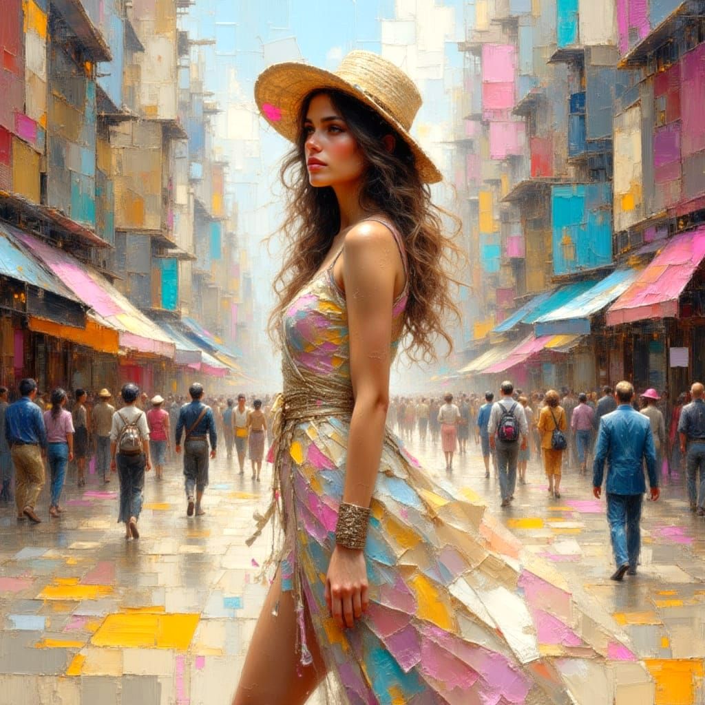 Country Girl's Elegant City Transition: Impasto Oil Painting