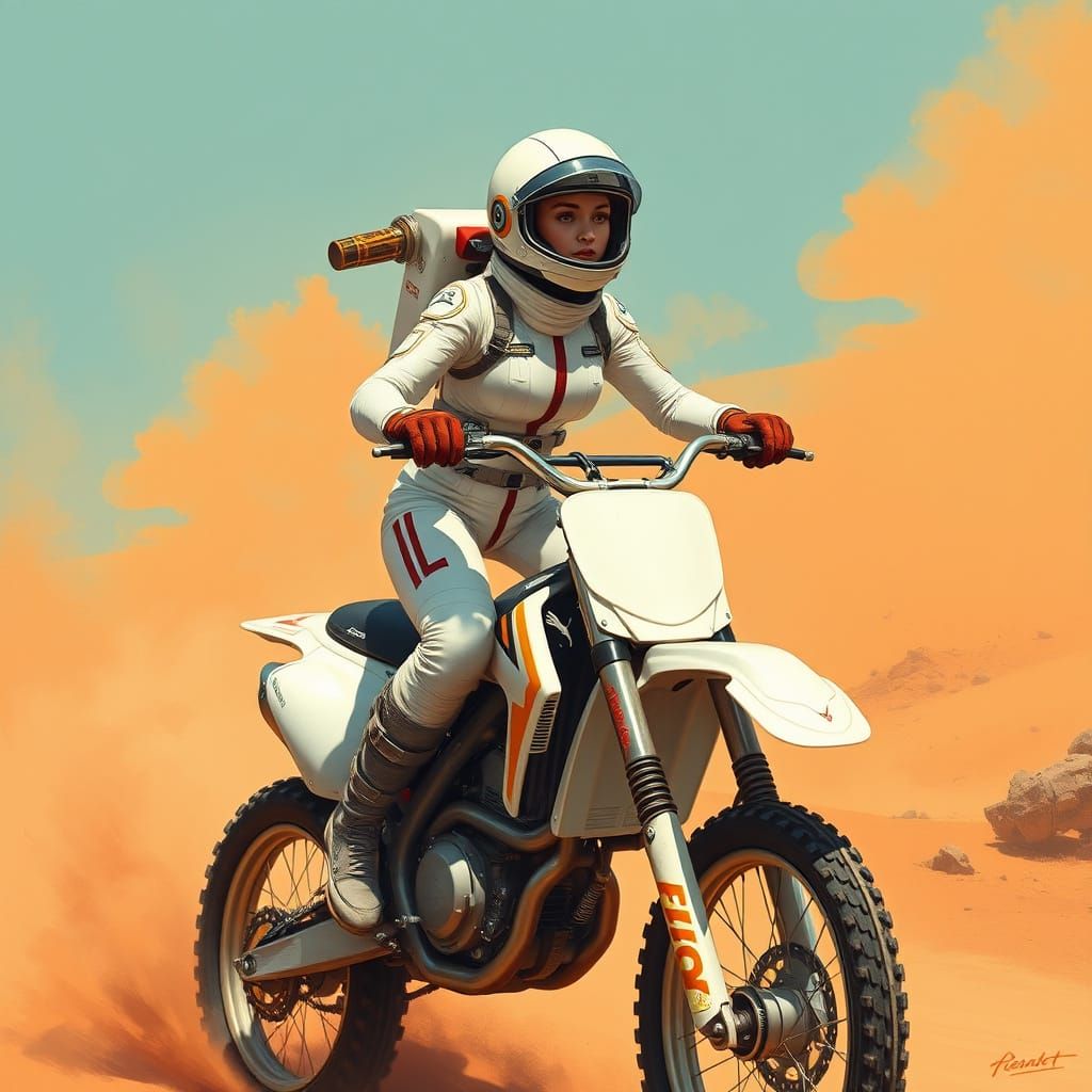 Astronaut Girl Rides Dirt Bike on Alien Planet