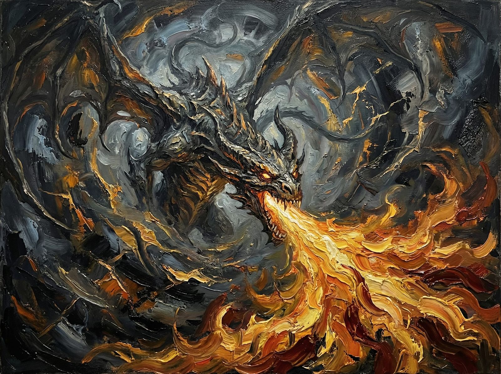 Dark Fantasy Dragon Fire Painting in Impasto Style