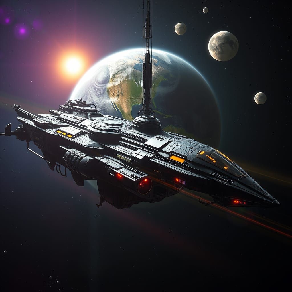 Massive Spacecraft Near Earth With Multicolored Moons