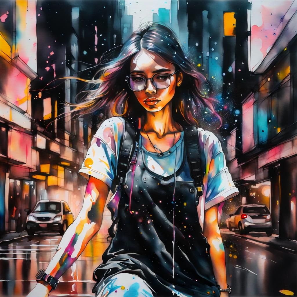 Graceful Ink Painting Girl Urban Portrait