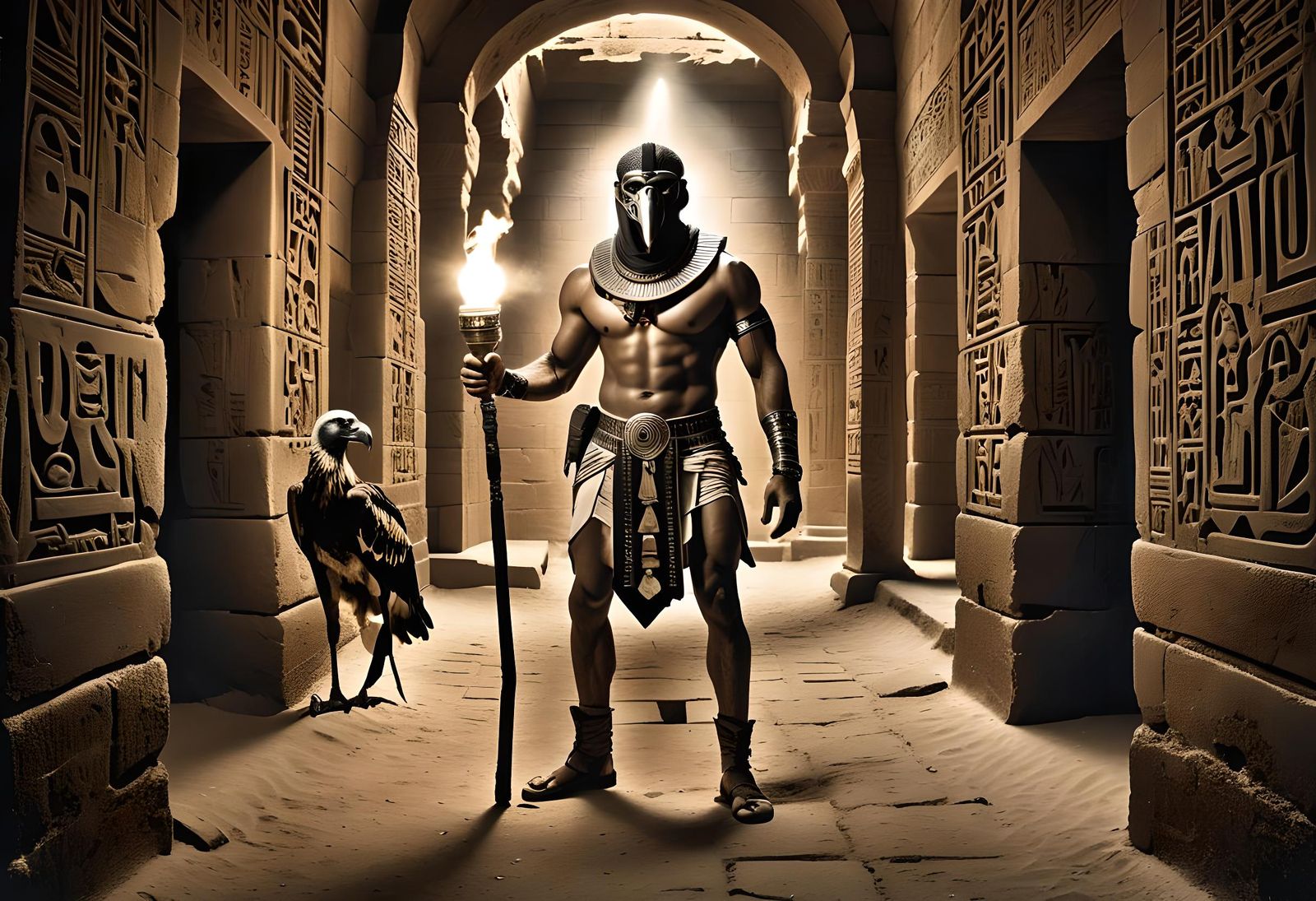 Vulture-Headed Egyptian in Stone Maze, 1920s Photo