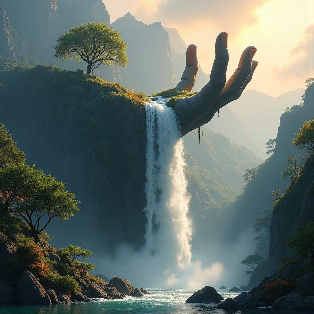 Waterfall Cascading Over Hand-Shaped Landscape