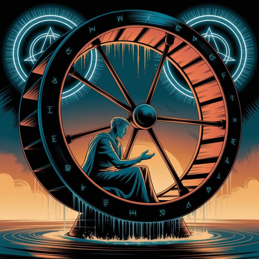 Mythic Figure Seated Inside Ancient Waterwheel