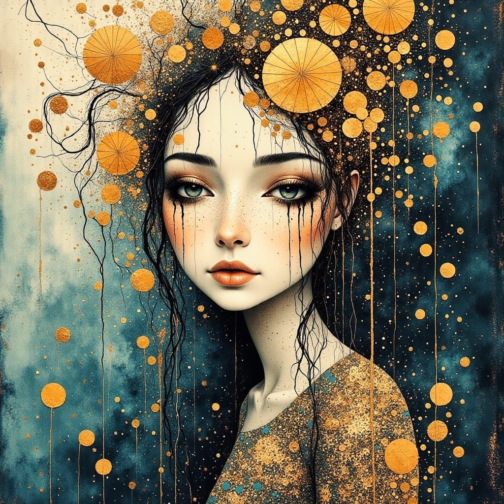 Golden Whimsy Beauty Portrait in Mixed Media