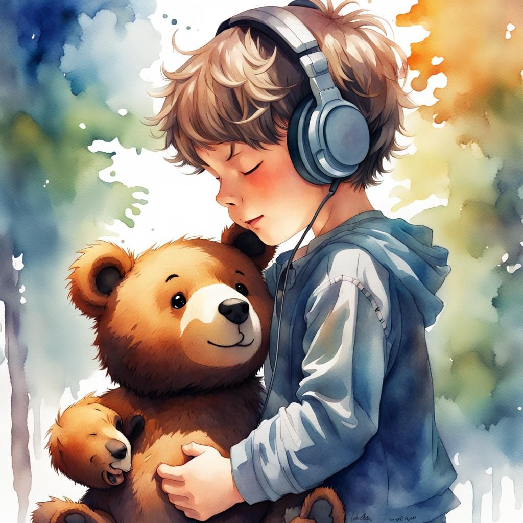 Boy Hugging Bear in Anime Watercolor Style