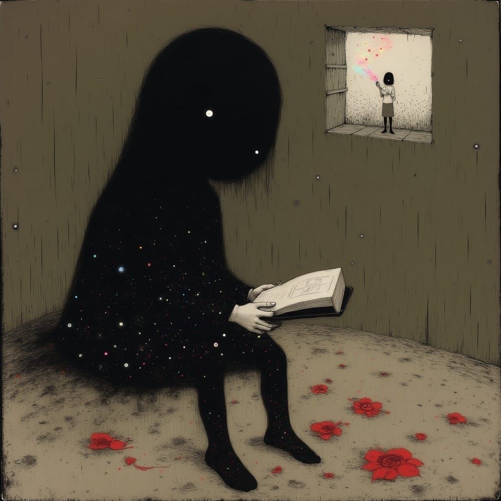 Ethereal Drowned Figure Reading in Library