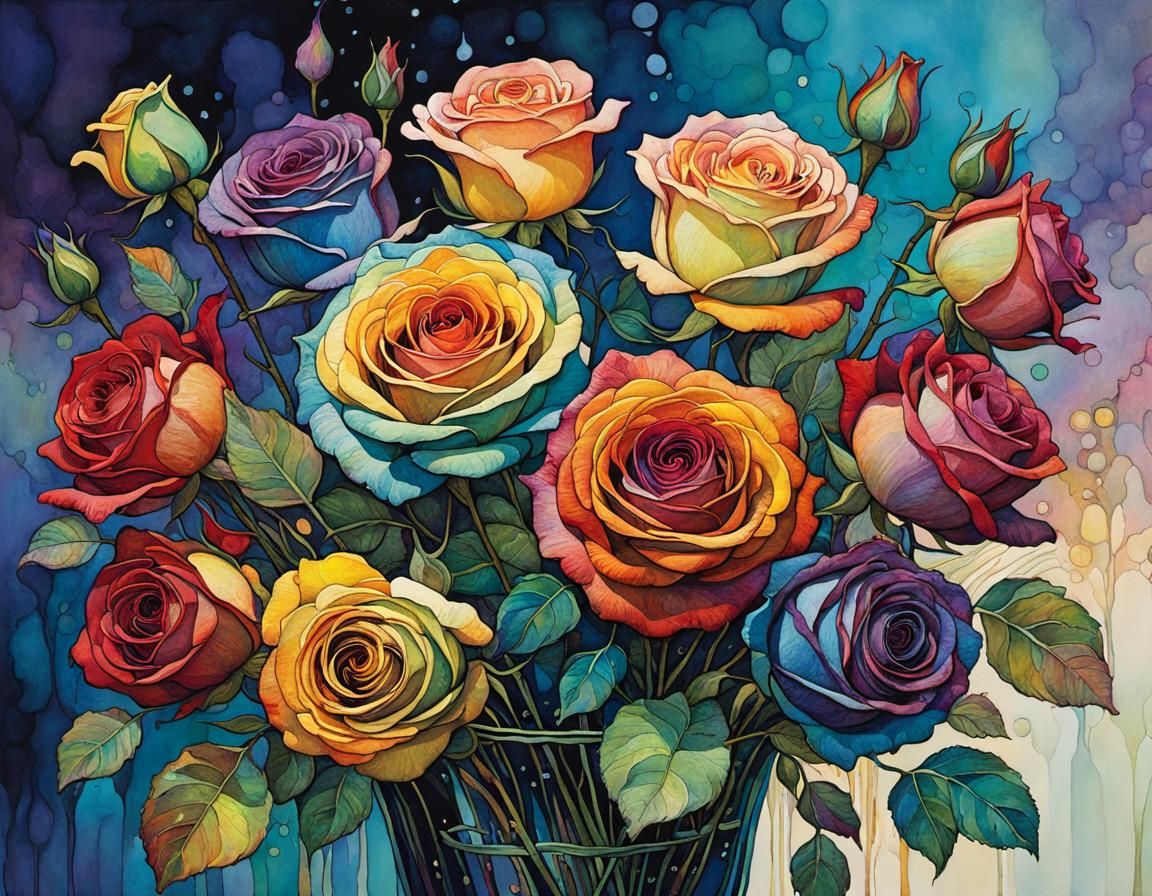 Rainbow Roses Bouquet in Alcohol Ink Style
