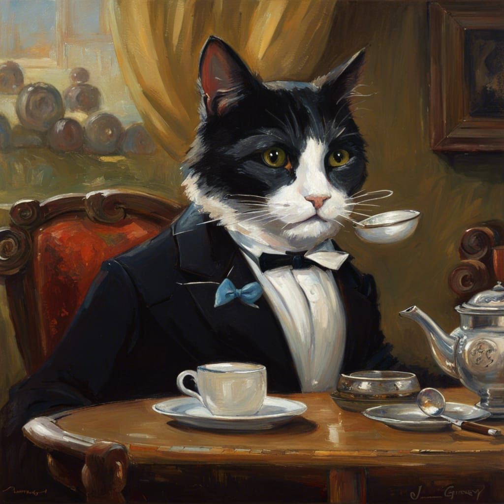 Tuxedo Cat Sipping Tea: An Oil Painting