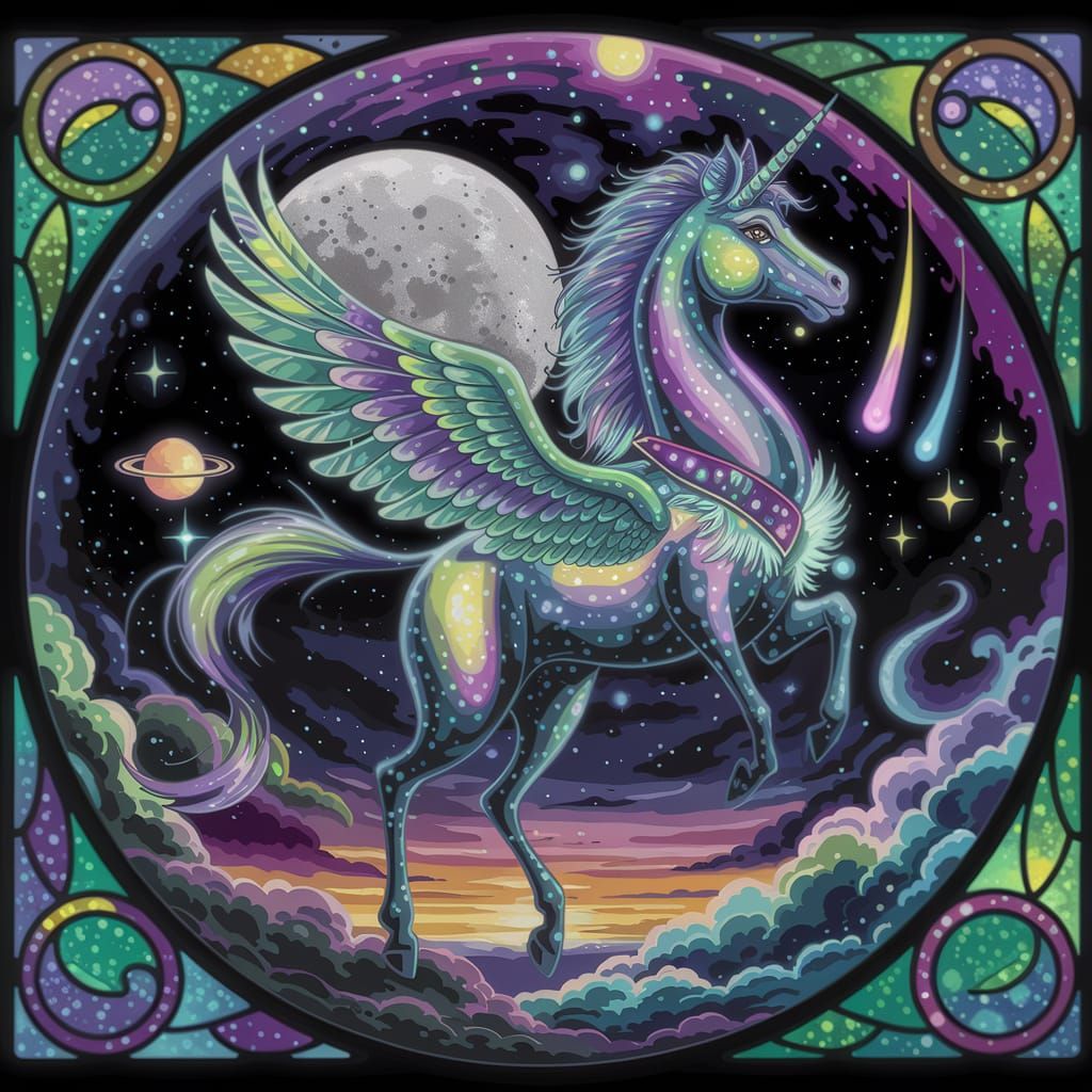 Ethereal Unicorn Glides Past Vibrant Moonlit Galaxy