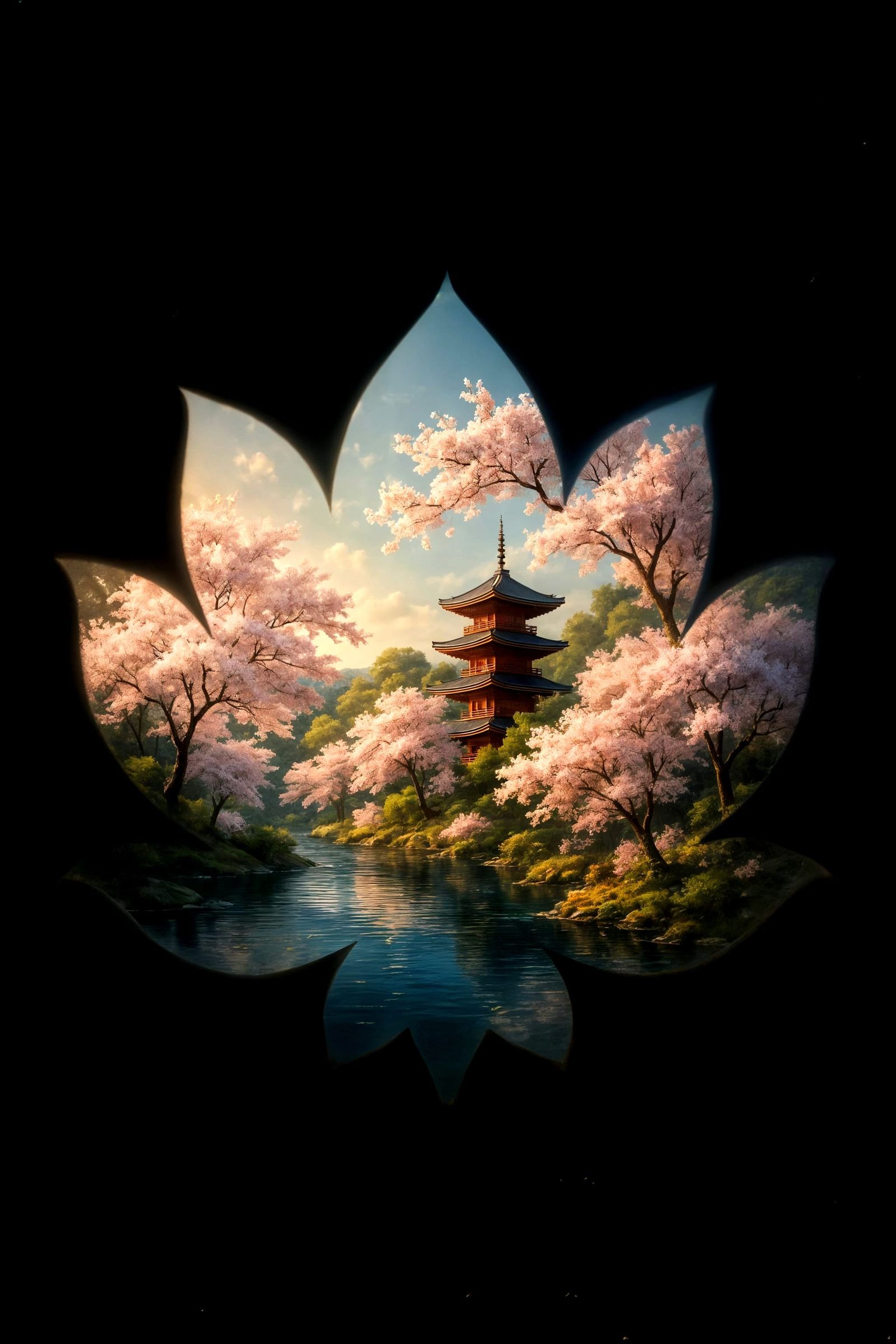 Lotus Flower Filled with Japanese Spring Landscape