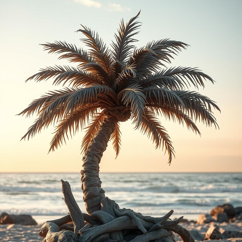 Driftwood Palm Tree Sculpture in Photorealistic Style