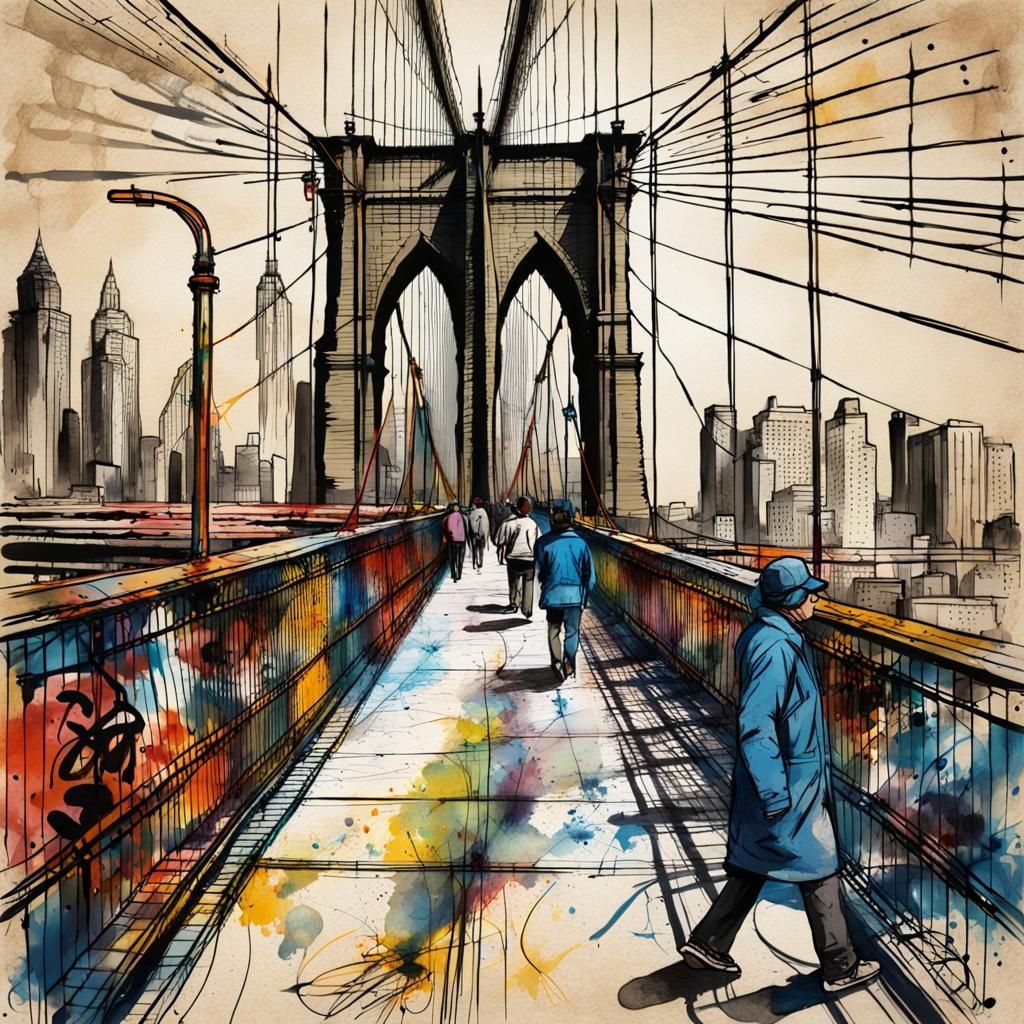 Brooklyn Bridge Blueprint Sketch with Graffiti Art