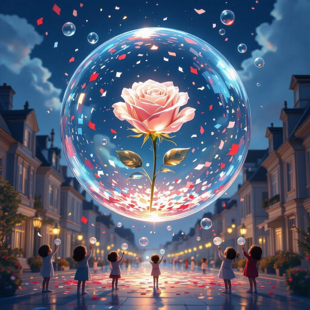 Glass Rose in Shimmering Bubble: Digital Art